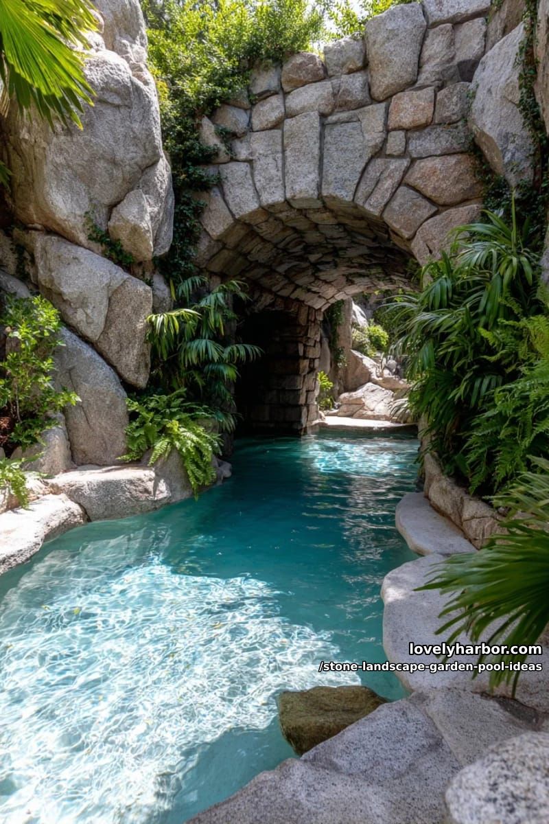 swimming pool in a hidden grotto with arched stone entrance and tropical plantings 1