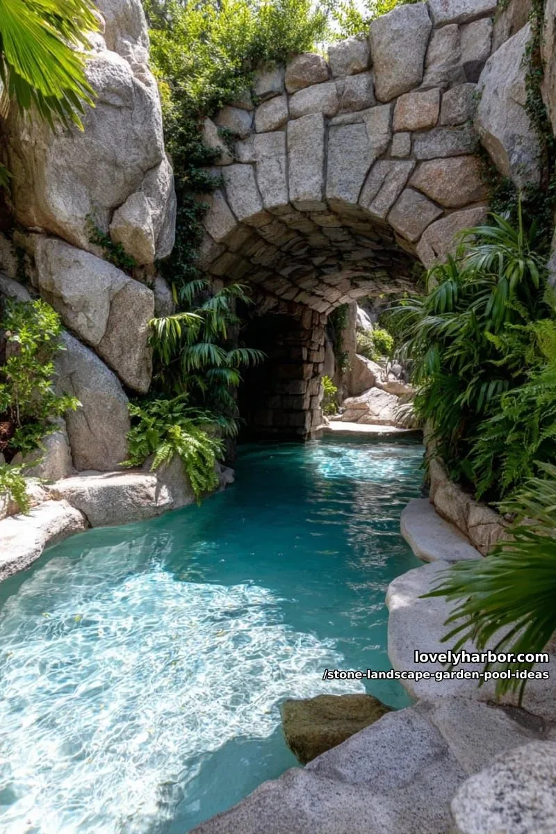 15 Stone Pool Designs for Elegant Garden Spaces 15 swimming pool in a hidden grotto with arched stone entrance and tropical plantings 1