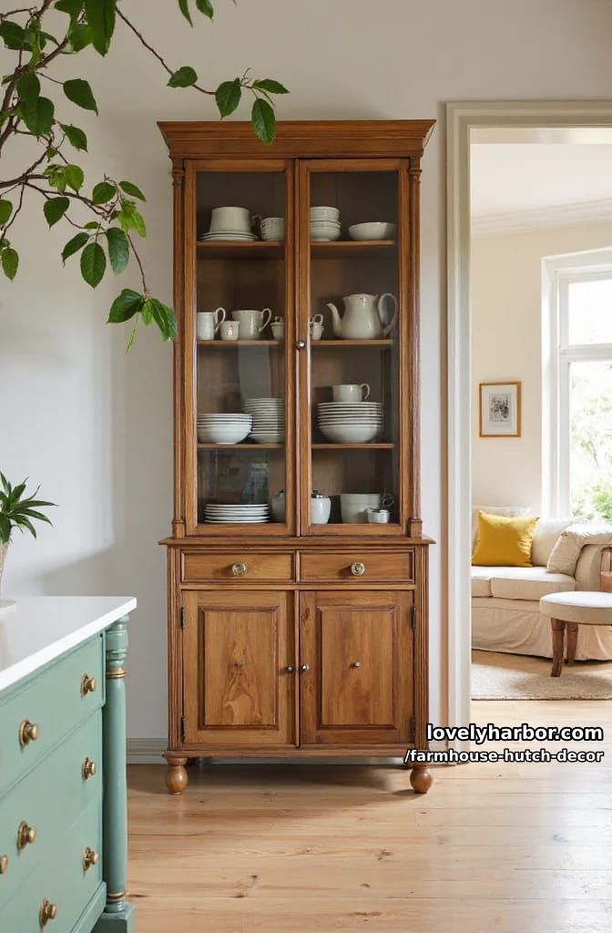 22 Farmhouse Hutch Decor Inspirations to Elevate Your Space 11 tall vintage display cabinet with neutral ceramics and warm wood grain. 1