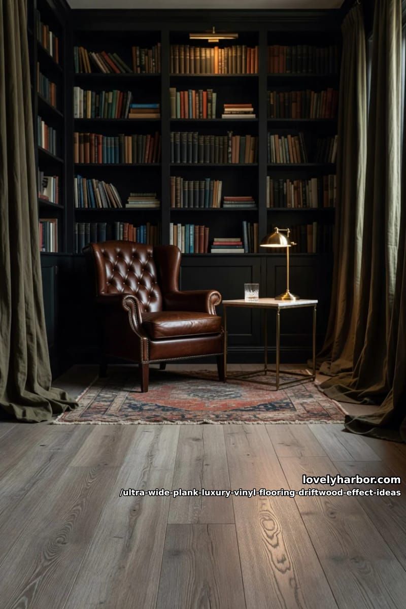 Wide Plank Driftwood LVP: 11 Design Ideas That Don't Read "Beach House" 5 the moody library that nobody expects 1