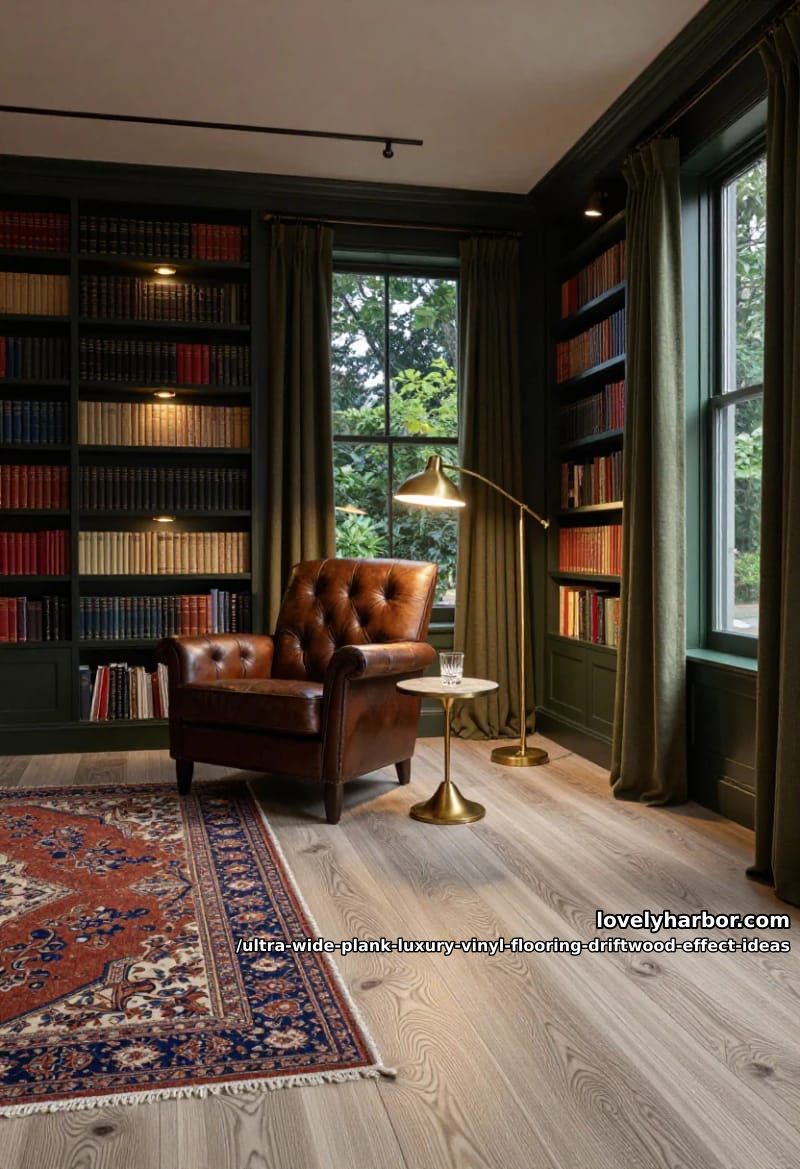 Wide Plank Driftwood LVP: 11 Design Ideas That Don't Read "Beach House" 6 the moody library that nobody expects 1