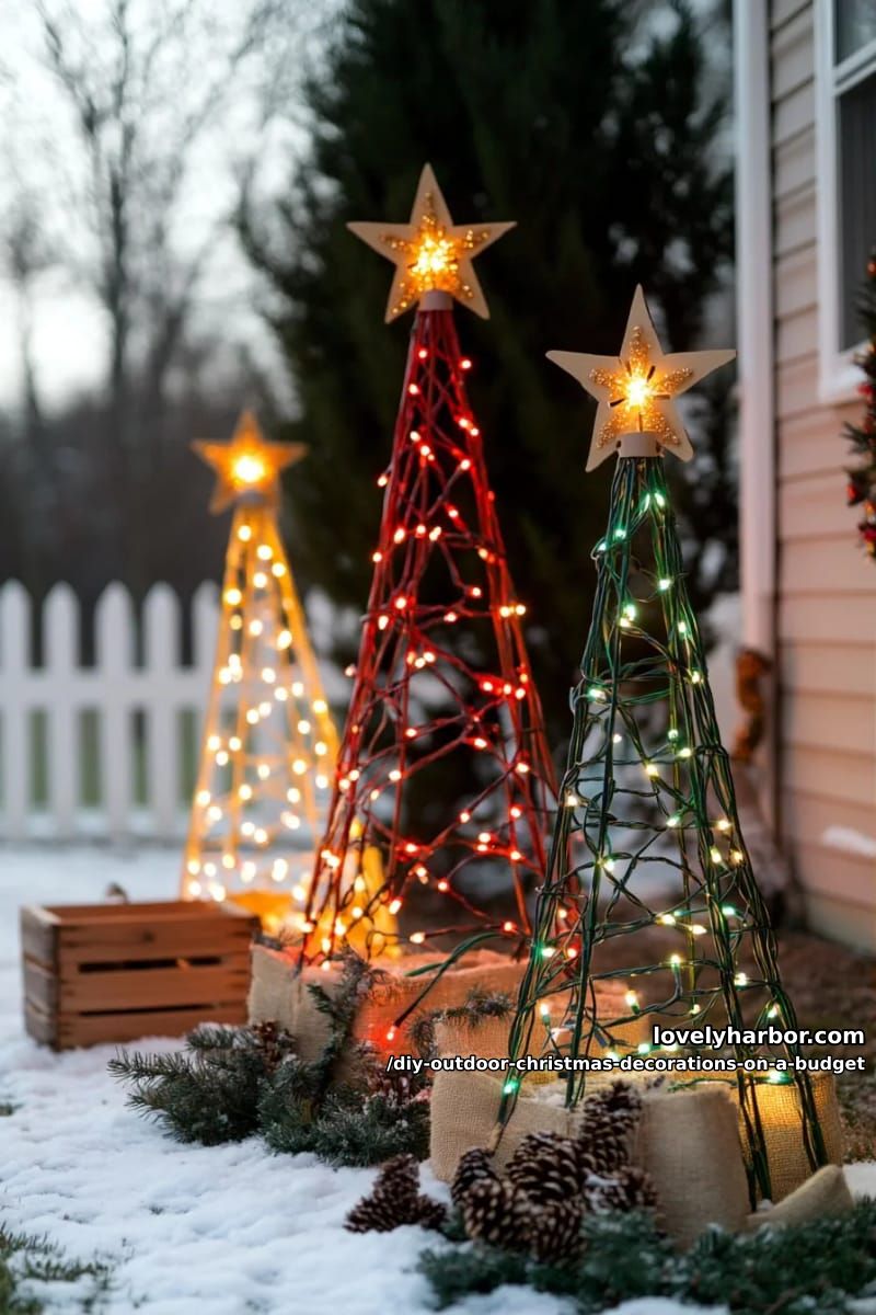 12 DIY Outdoor Christmas Decorations on a Budget That Survive a Real Winter 5 tomato cage or pvc light trees in a group of three 4