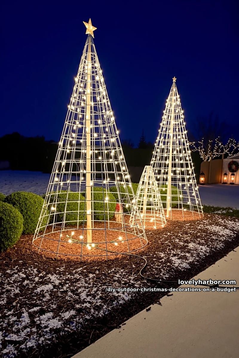 12 DIY Outdoor Christmas Decorations on a Budget That Survive a Real Winter 6 tomato cage or pvc light trees in a group of three 5