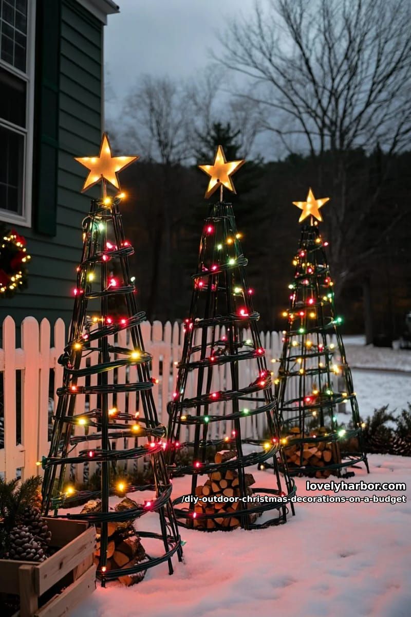 12 DIY Outdoor Christmas Decorations on a Budget That Survive a Real Winter 7 tomato cage or pvc light trees in a group of three 6