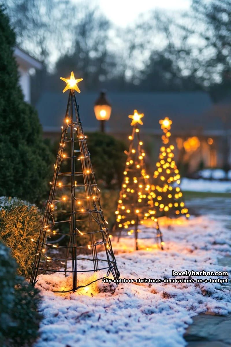 12 DIY Outdoor Christmas Decorations on a Budget That Survive a Real Winter 8 tomato cage or pvc light trees in a group of three 7
