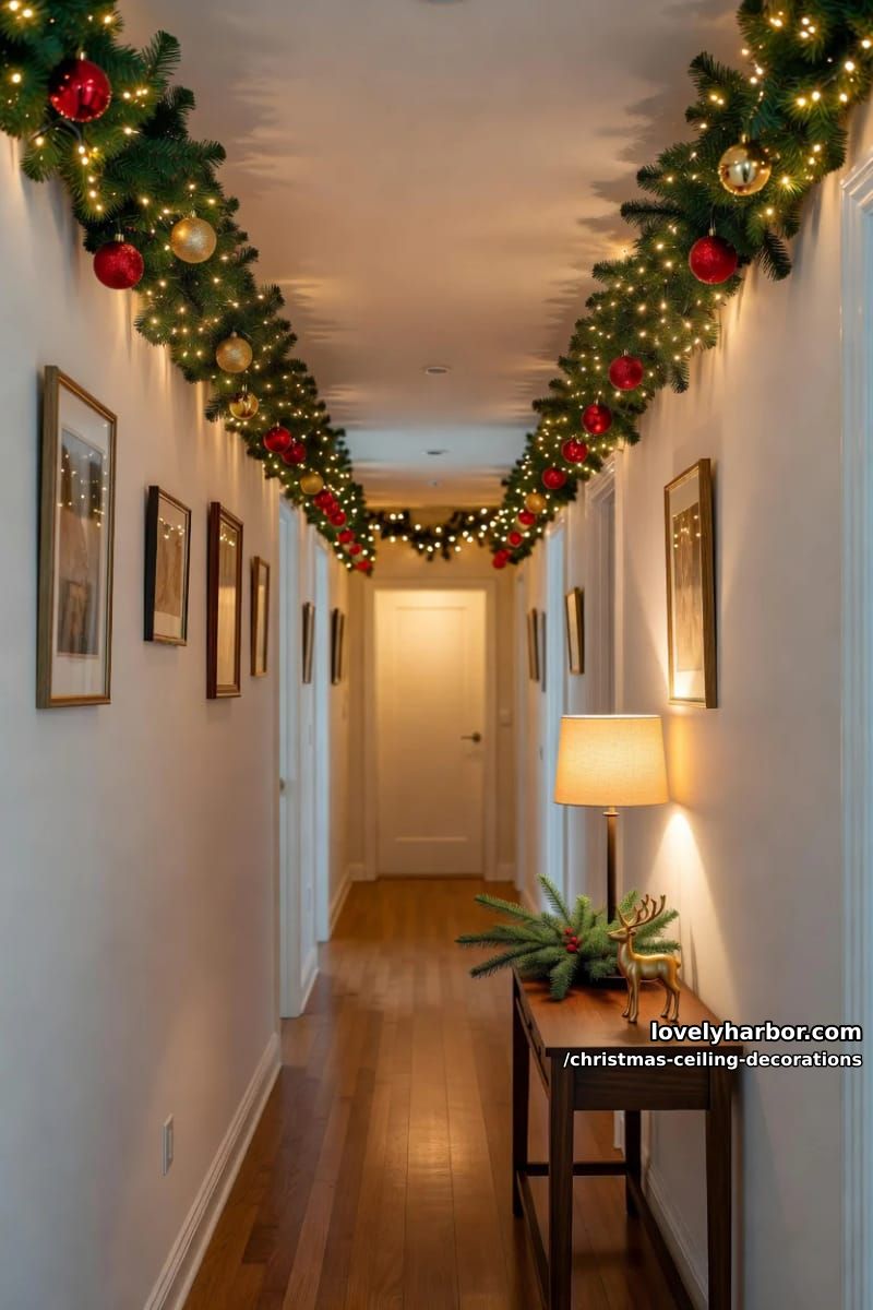11 Christmas Ceiling Decorations That Put the Overlooked Surface to Work 8 turn a hallway into a lit greenery tunnel overhead 1