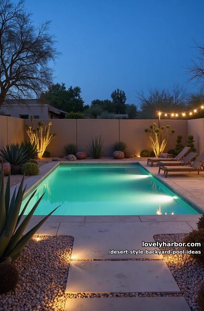 twilight pool scene with soft led ground lights and spiky agave borders 1