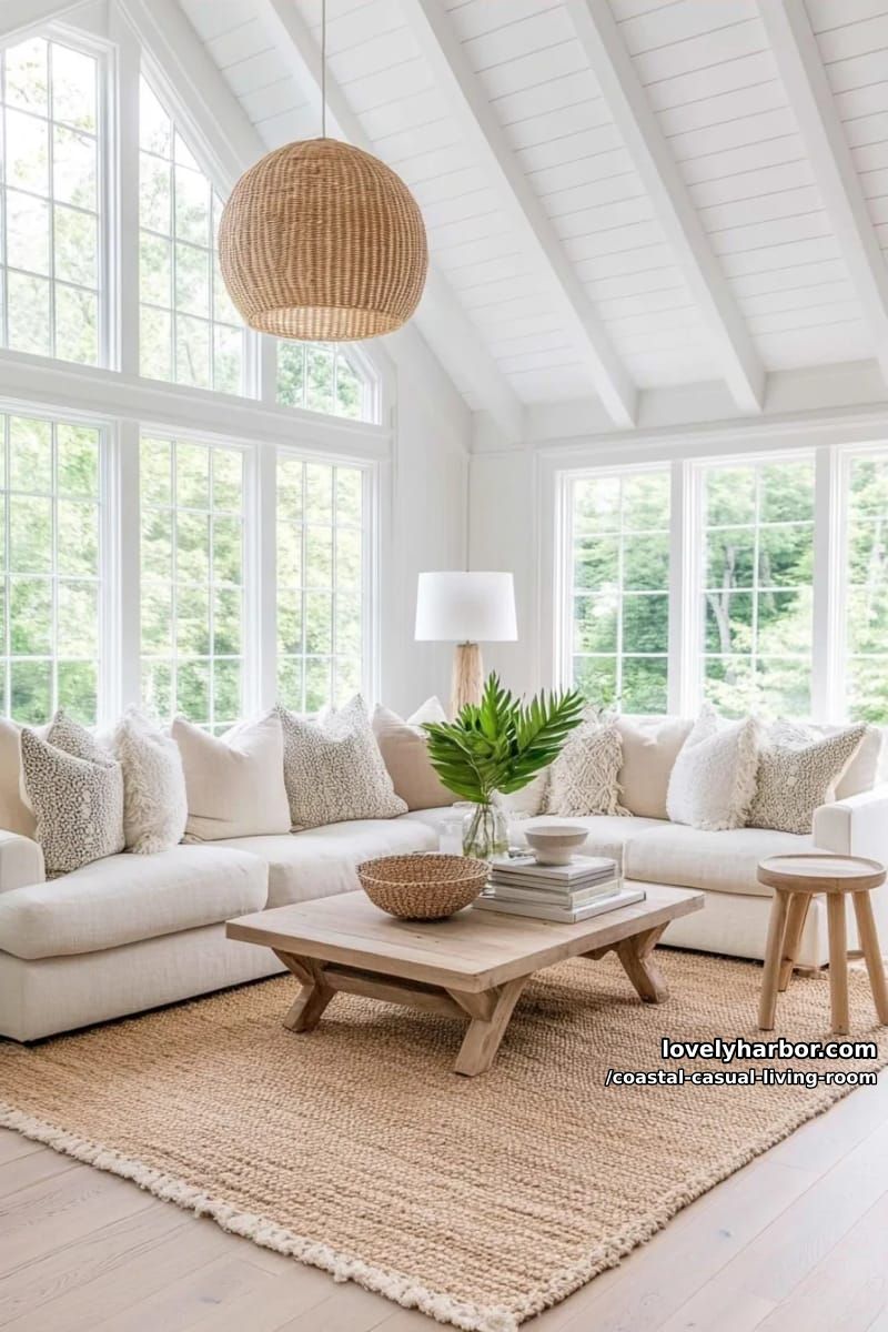 vaulted ceiling living room with floor-to-ceiling windows and woven accents. 1