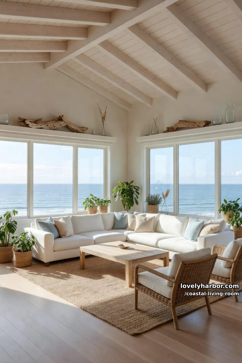 vaulted ceiling living room with ocean views, white sectional, and jute rug. 1