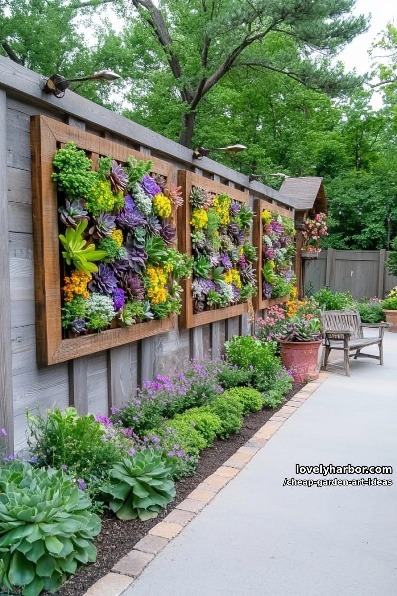vertical garden frames with succulents mounted on rustic wooden fence. 1
