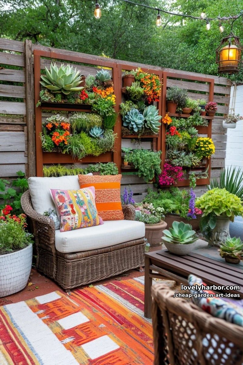 vertical garden frames with succulents mounted on rustic wooden fence. 1