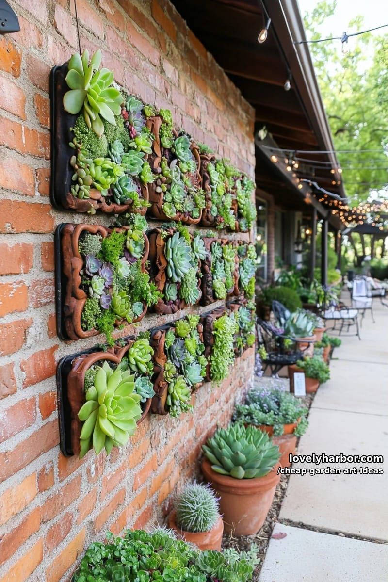vertical garden picture frames with succulents and moss on a brick wall. 1