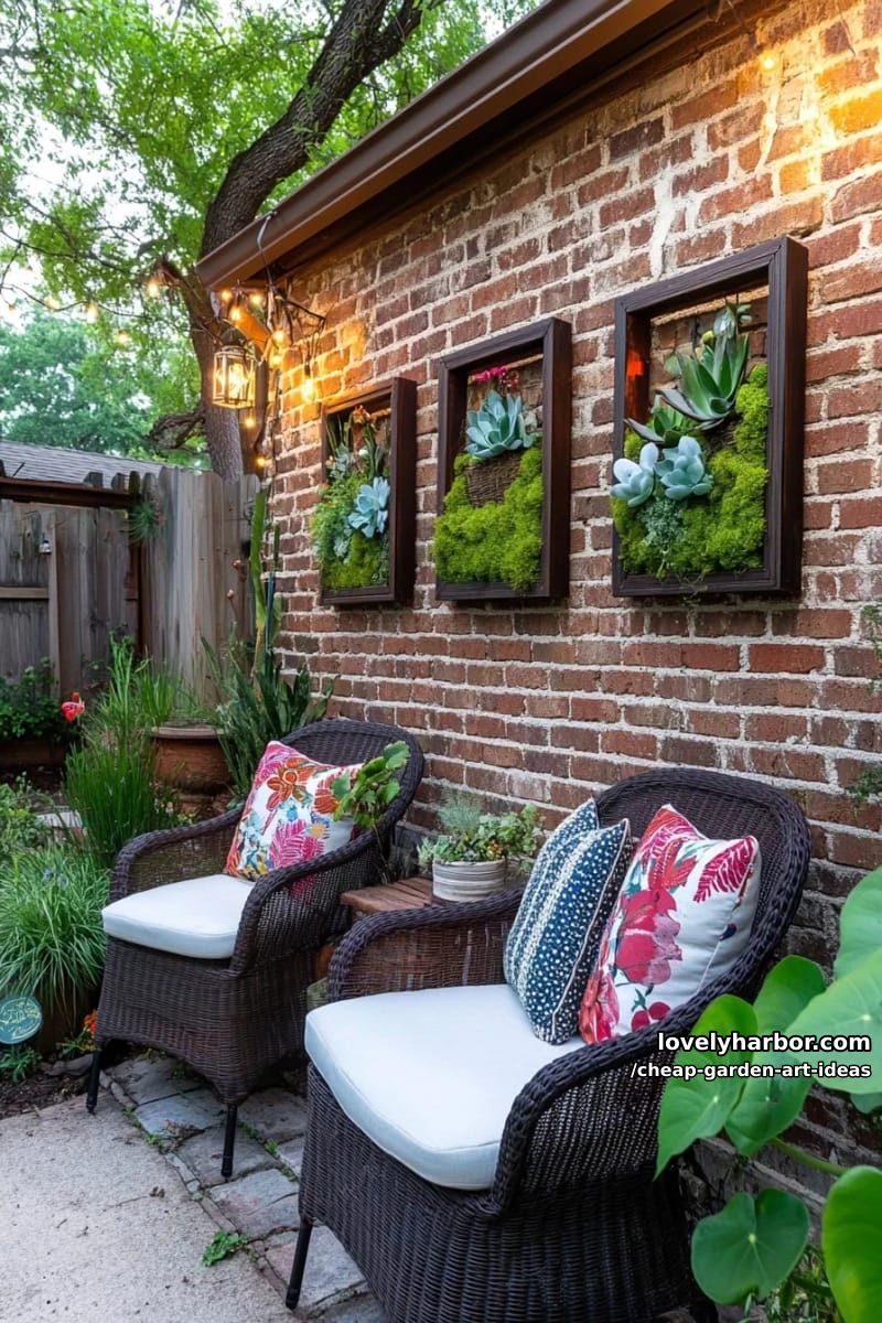 vertical garden picture frames with succulents and moss on a brick wall. 1