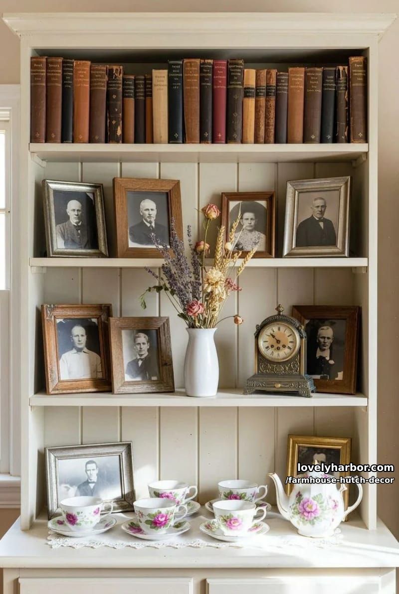 22 Farmhouse Hutch Decor Inspirations to Elevate Your Space 23 vintage bookshelf with cream backing, old books, framed photos, and dried flowers. 1