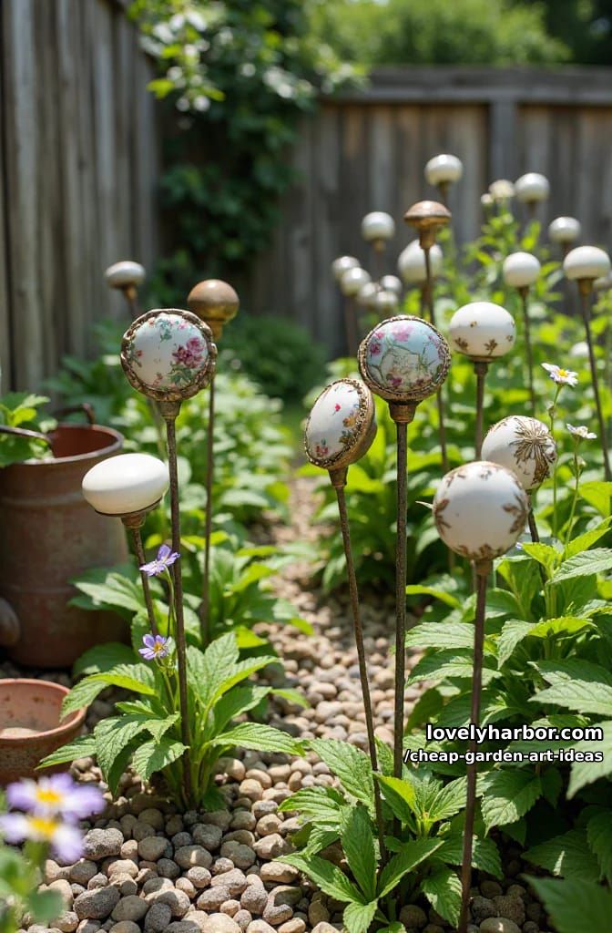 vintage drawer knob plant stakes as whimsical garden decorations. 1