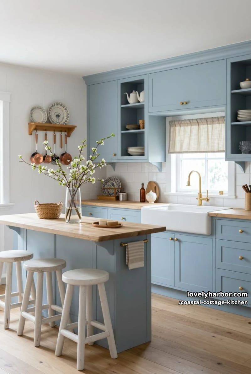 20 Coastal Cottage Kitchens With Worn-In Beach House Feel 2 vintage-inspired kitchen with pastel blue cabinets and farmhouse sink. 1