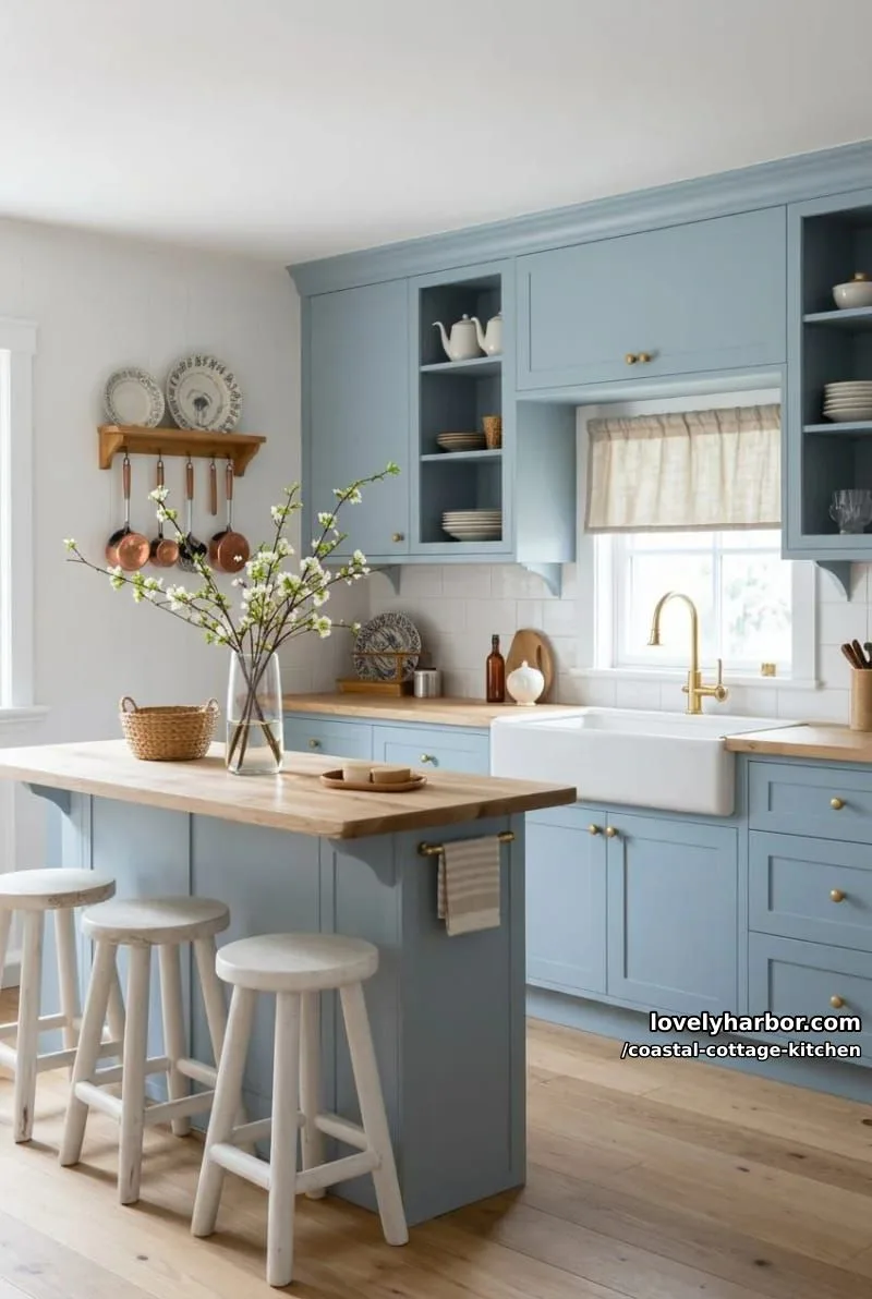 vintage-inspired kitchen with pastel blue cabinets and farmhouse sink. 1