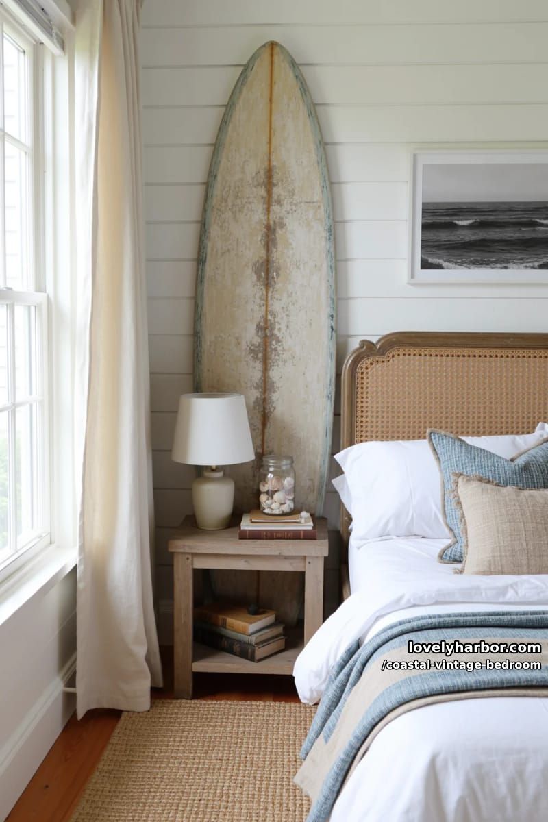 15 Coastal Vintage Bedrooms to Inspire Your Retreat 12 vintage surfboard propped against shiplap wall with soft linen curtains 1