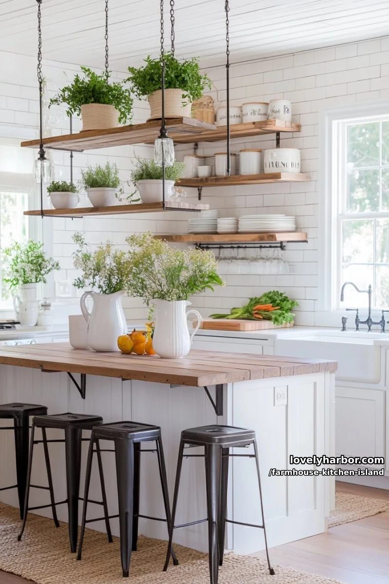 weathered white cabinetry, shiplap island, vintage stools, and wooden hanging shelf. 1