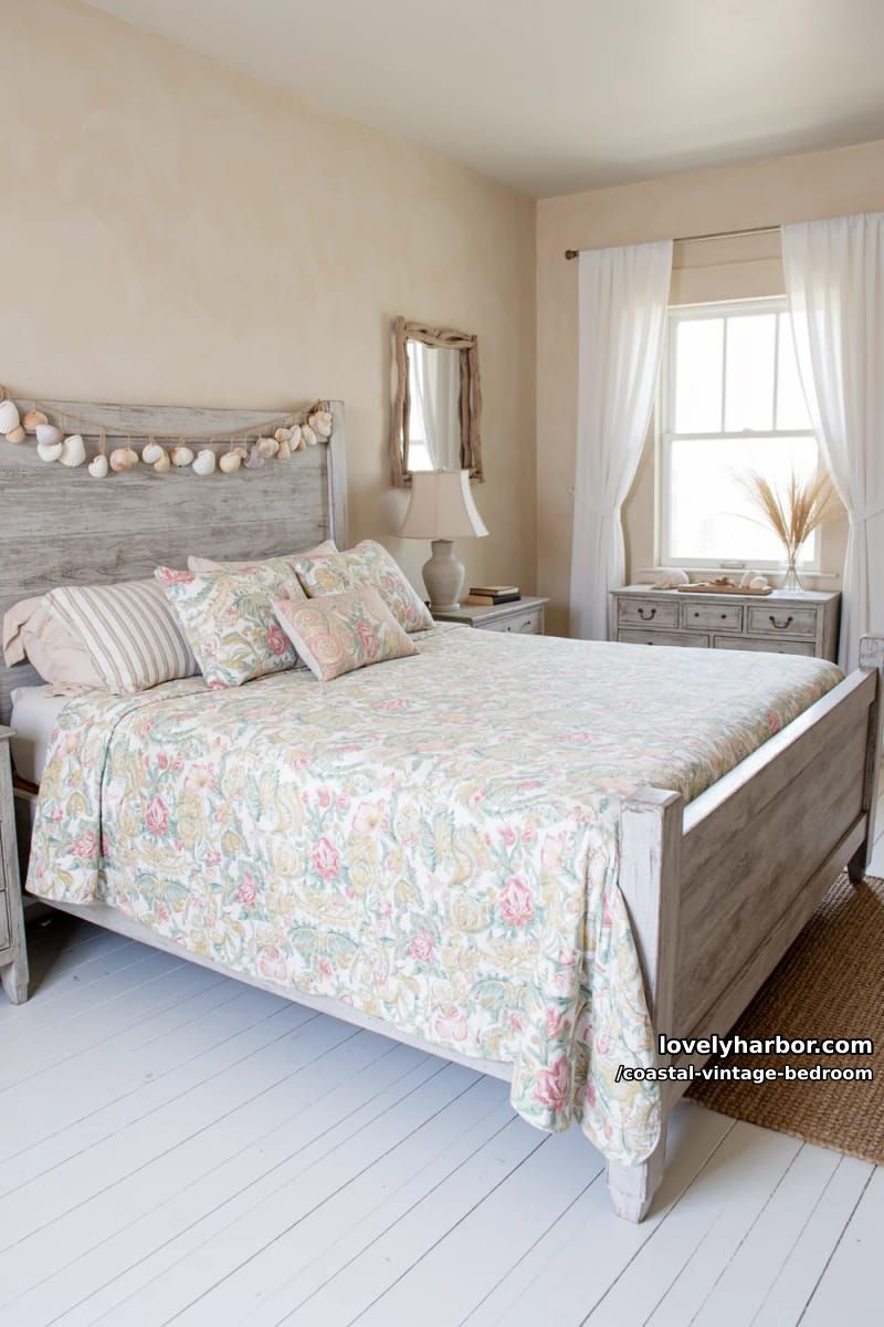 15 Coastal Vintage Bedrooms to Inspire Your Retreat 3 weathered wood bed frame with vintage floral quilt and seashell garland 1