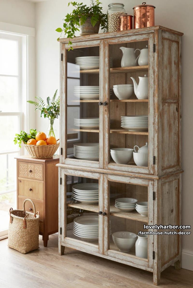 22 Farmhouse Hutch Decor Inspirations to Elevate Your Space 10 weathered wood hutch in sunlit corner with white dishes and copper accents. 1