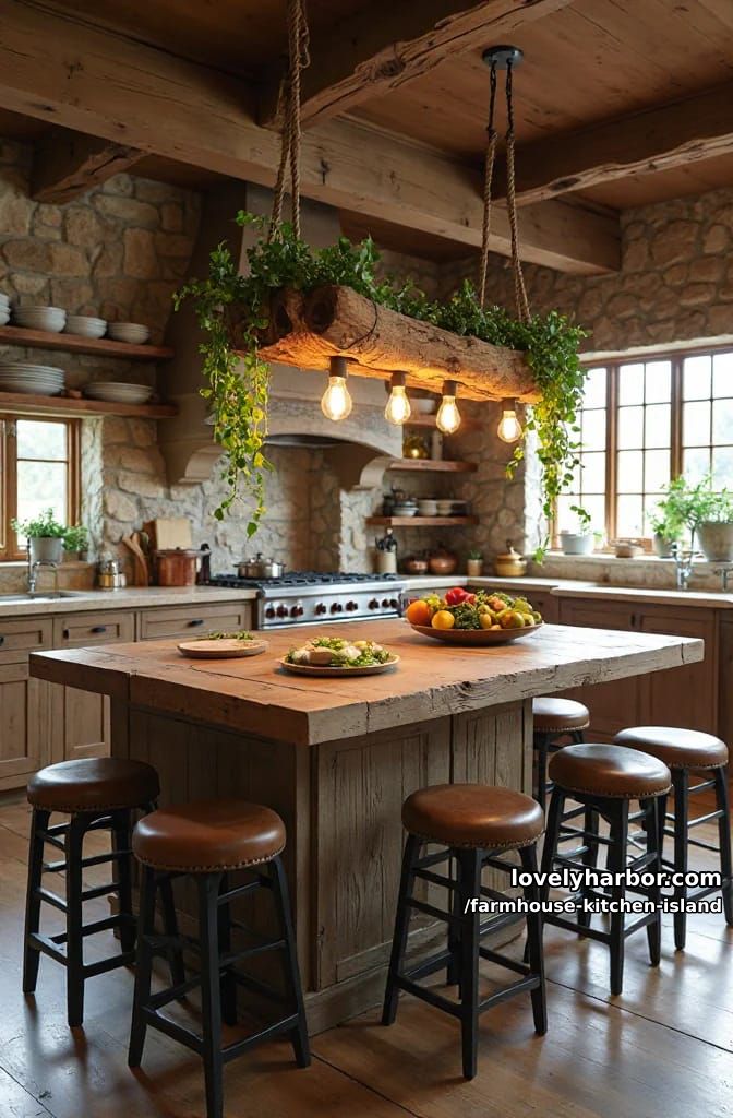 weathered wood island, leather barstools, hanging plant fixture, and stone walls. 1