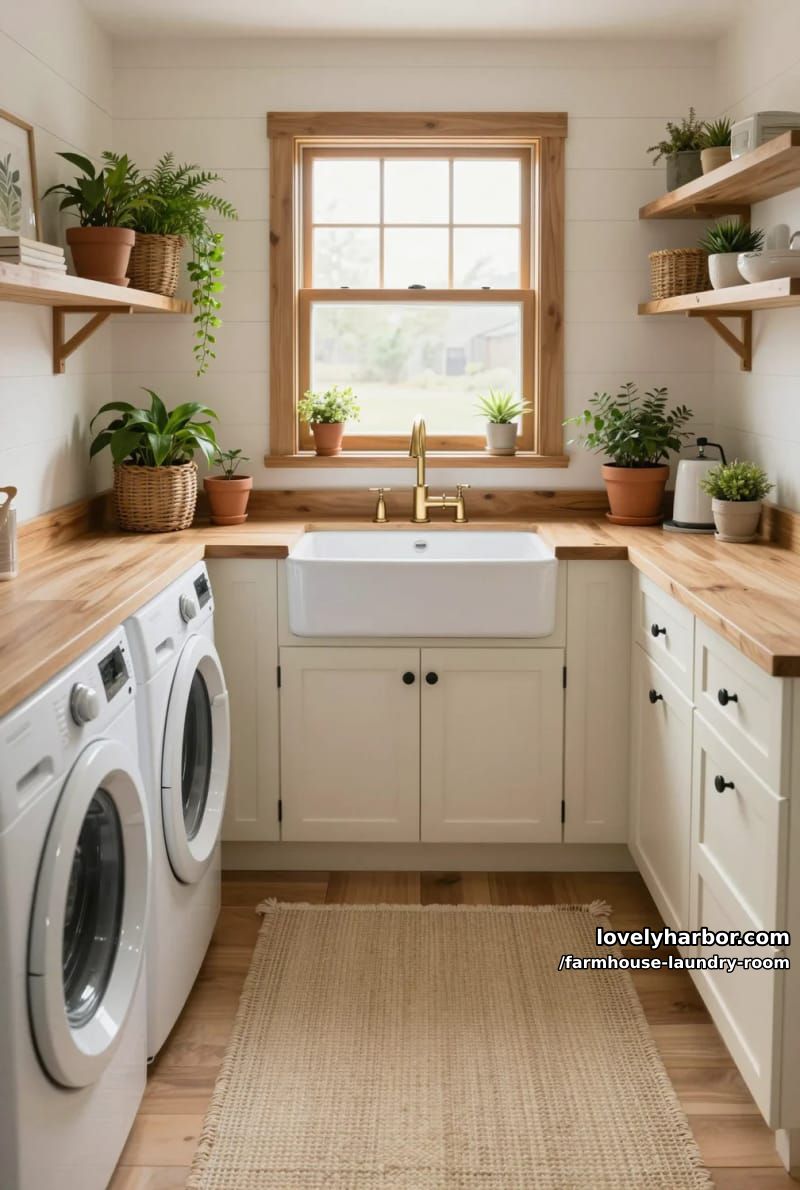21 Farmhouse Laundry Rooms with Charming Designs 11 well-lit farmhouse laundry with cream cabinetry, green plants, and shiplap walls. 1