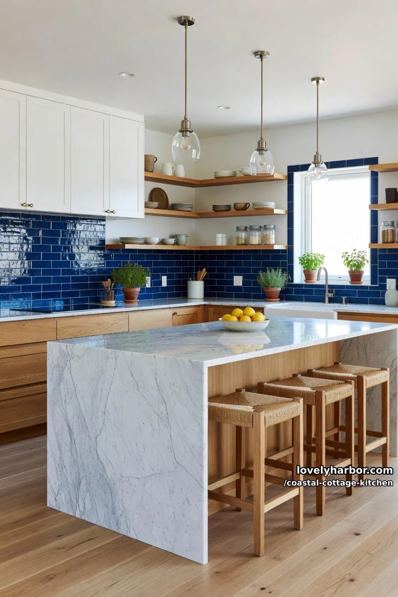 20 Coastal Cottage Kitchens With Worn-In Beach House Feel 15 white and wood kitchen with blue tile backsplash and marble island. 1