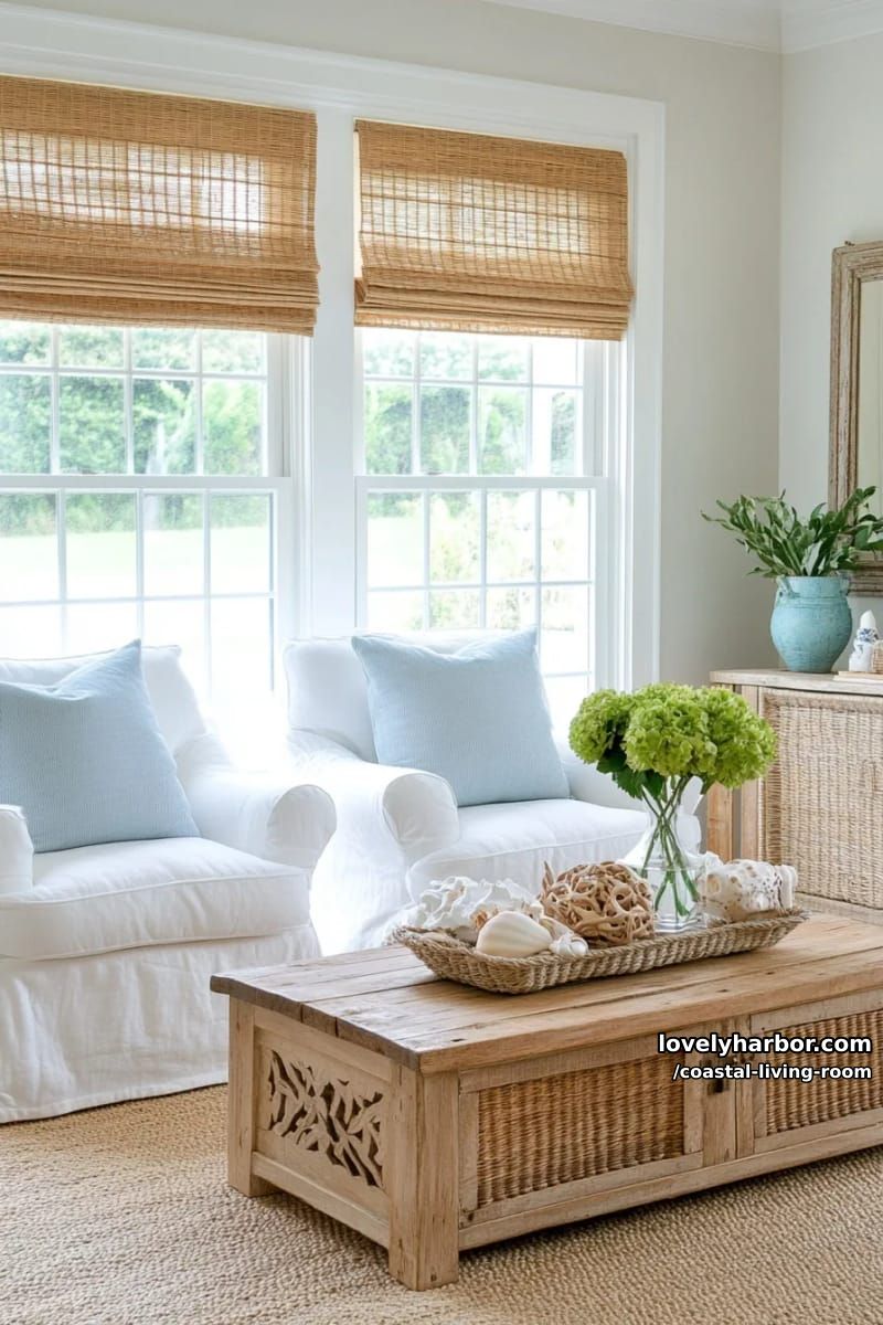 white armchairs, bamboo shades, and carved wood features in coastal living room. 1