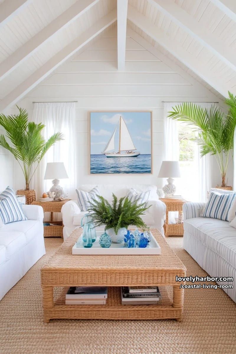 white ceiling beams, built-in bookshelves, and sailboat painting in cozy living room. 1