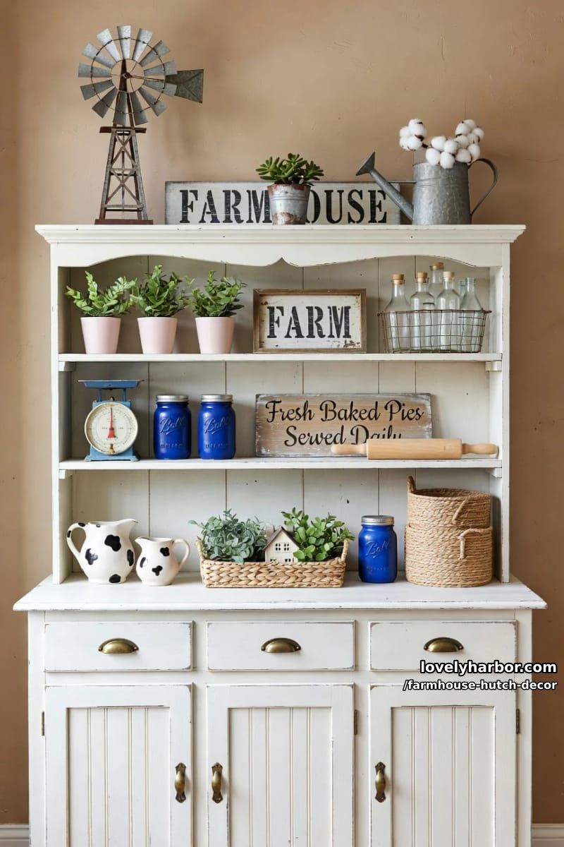 22 Farmhouse Hutch Decor Inspirations to Elevate Your Space 20 white distressed farmhouse hutch with "farmhouse" decor and blue mason jars. 1