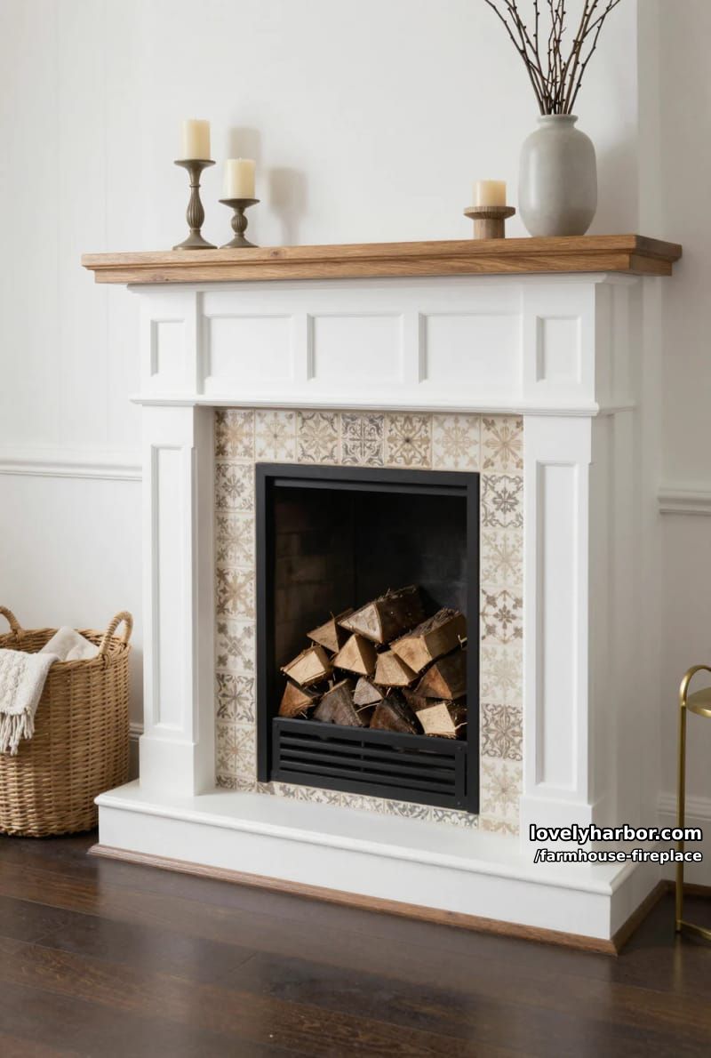 white fireplace with patterned tile surround and wood mantel shelf. 1