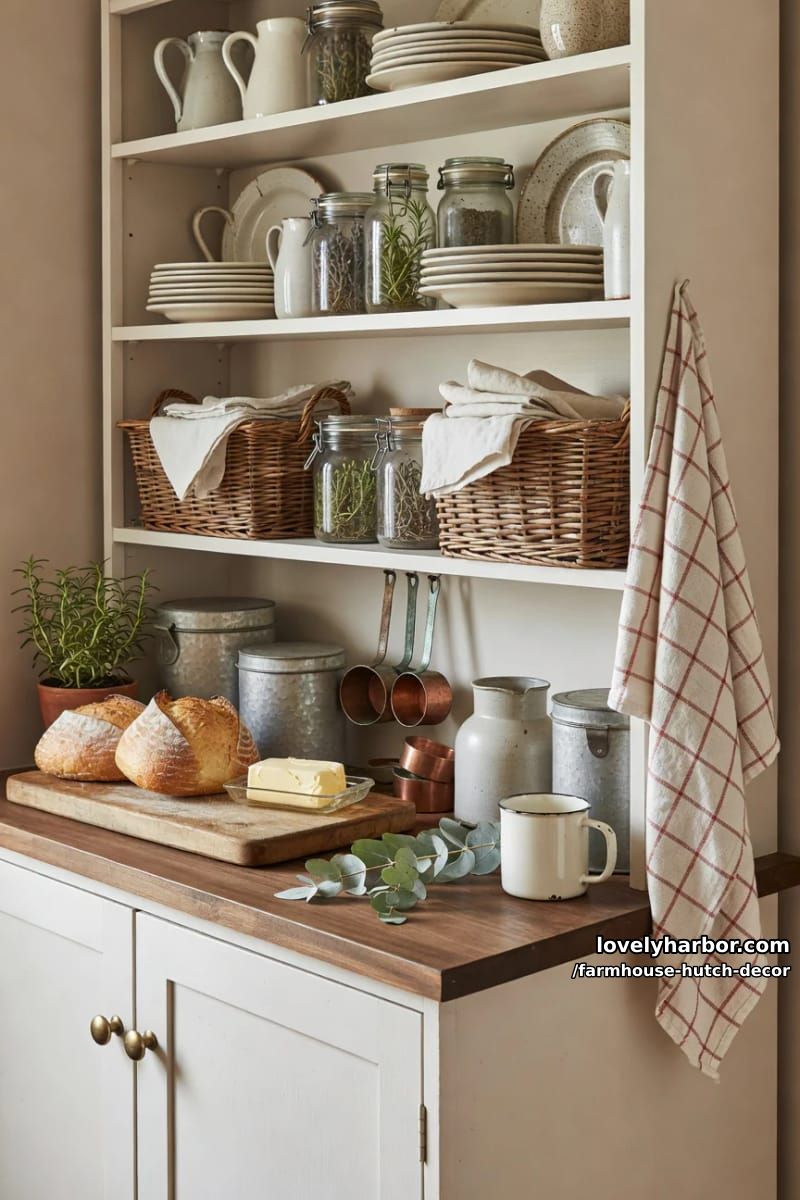 22 Farmhouse Hutch Decor Inspirations to Elevate Your Space 8 white hutch with dark countertop, filled with farmhouse kitchen decor and ceramics. 1
