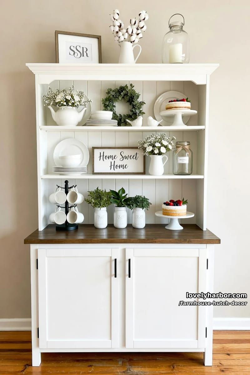 22 Farmhouse Hutch Decor Inspirations to Elevate Your Space 12 white hutch with dark wood top, monogram print, flowers, and ceramic decor. 1