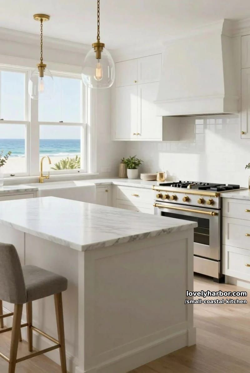 20 Small Coastal Kitchen Ideas for a Fresh, Breezy Look 9 white kitchen, gold hardware, marble island, glass pendants, elegant coastal design 1