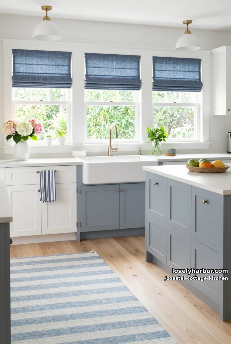 20 Coastal Cottage Kitchens With Worn-In Beach House Feel 13 white kitchen with blue island, patterned rug, and floral accents. 1