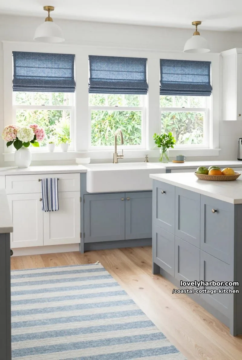 white kitchen with blue island, patterned rug, and floral accents. 1