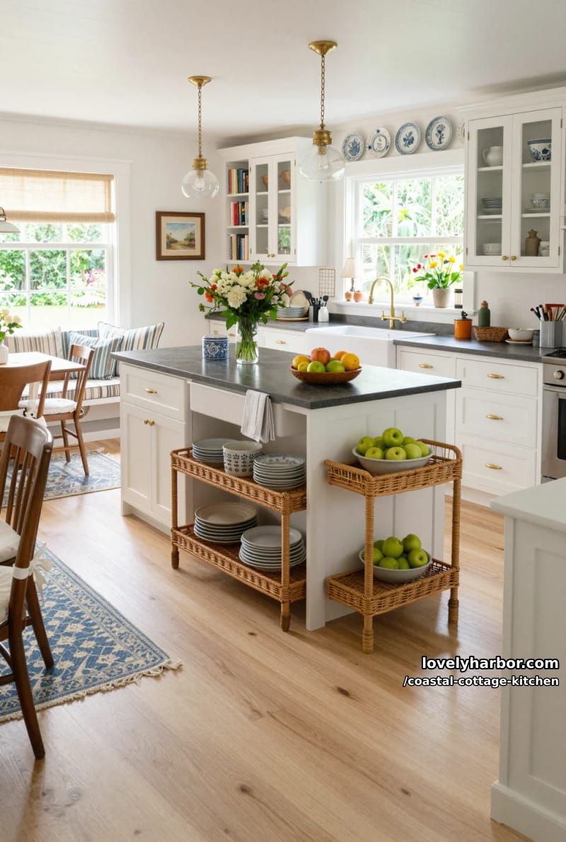 20 Coastal Cottage Kitchens With Worn-In Beach House Feel 11 white kitchen with dark stone island, brass pendants, and breakfast nook. 1