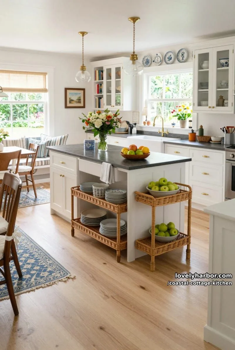 white kitchen with dark stone island, brass pendants, and breakfast nook. 1