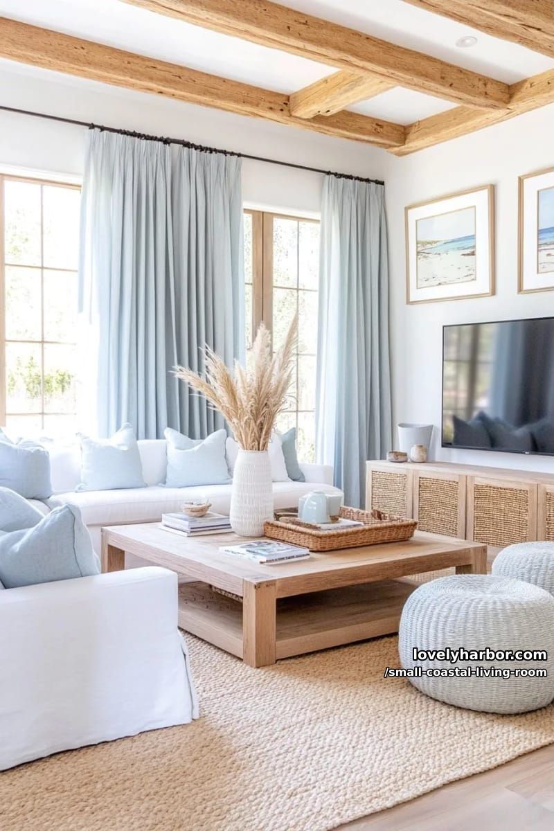 19 Small Coastal Living Room Ideas for Effortless Style 14 white living room with wooden beams, blue curtains, rattan coffee table, and beach art 1