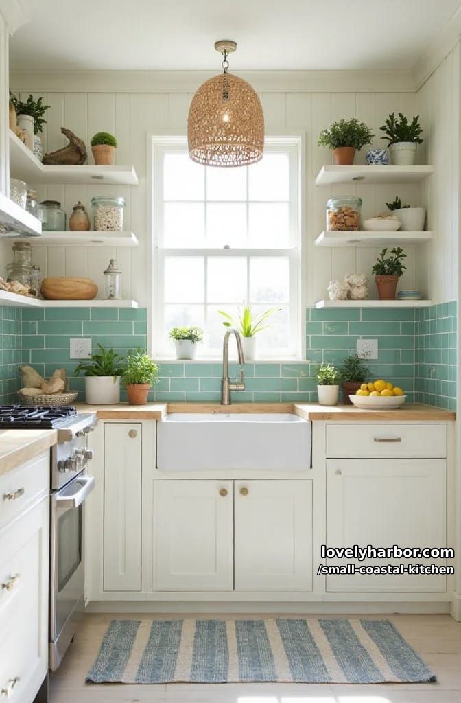 20 Small Coastal Kitchen Ideas for a Fresh, Breezy Look 20 white paneled cabinets, green backsplash, natural light, sea-inspired decor, wooden flooring 1