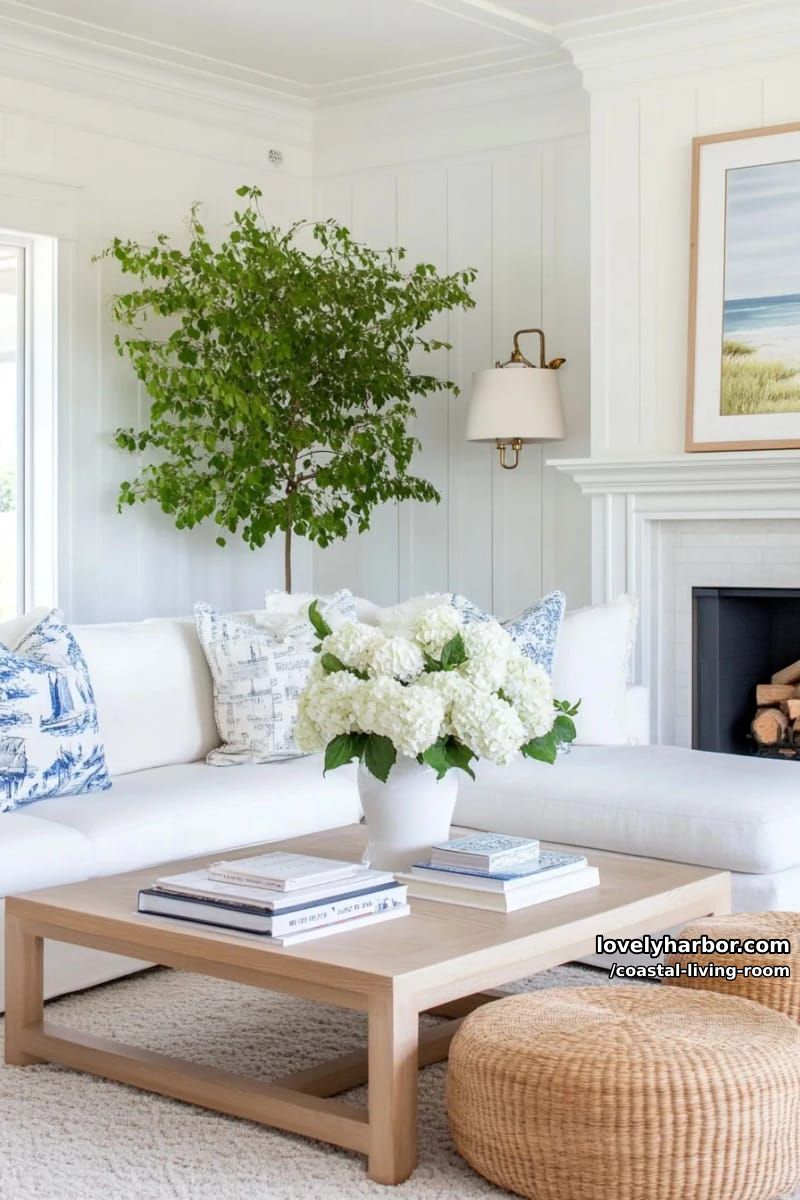 white sectional with blue pillows, woven poufs, paneled walls, and fireplace. 1