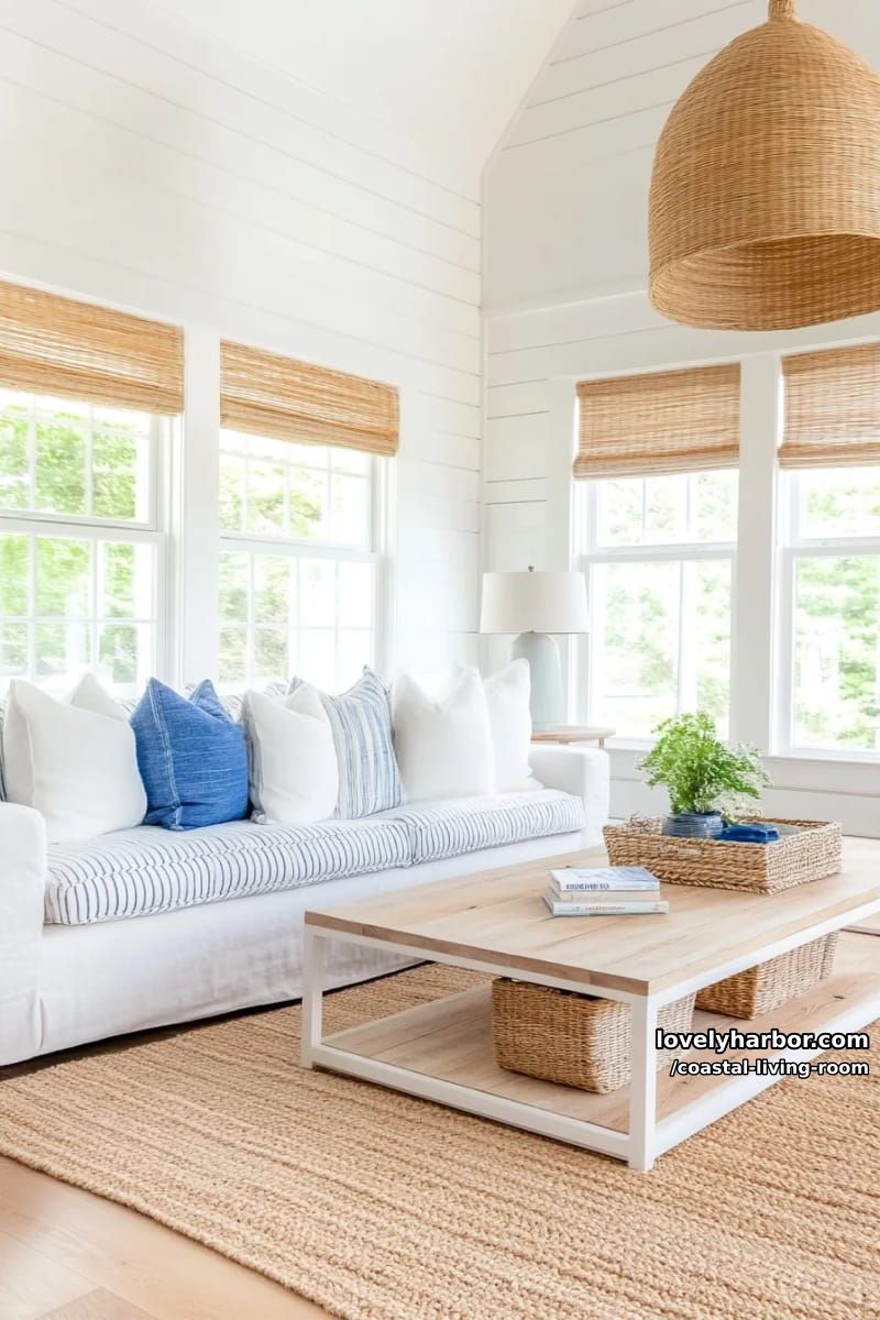 white shiplap living room with striped sofa, bamboo shades, and rattan pendant. 1