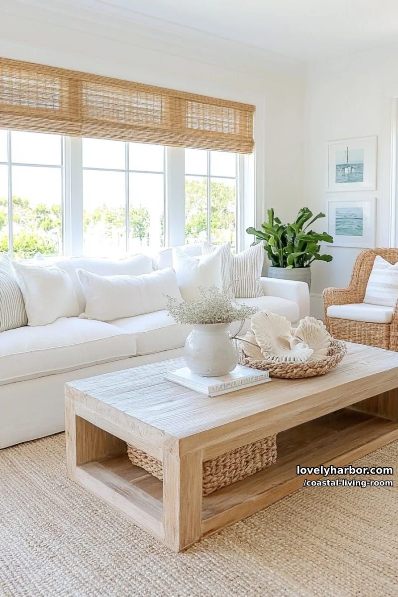 white sofa, woven shades, wood coffee table, and natural textures in living room. 1