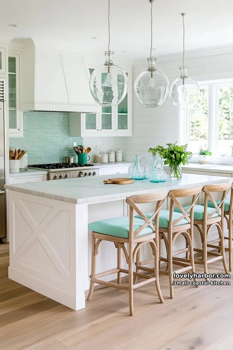 20 Small Coastal Kitchen Ideas for a Fresh, Breezy Look 4 wide plank wood floor, marble island, seafoam backsplash, glass cabinets, turquoise accents 1