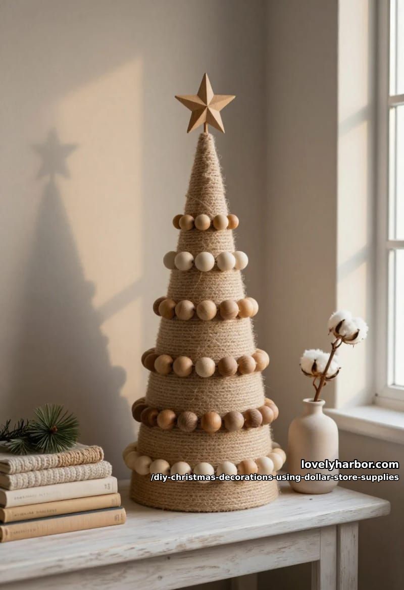 12 DIY Christmas Decorations Using Dollar Store Supplies That Don't Read Cheap 5 wood bead and twine tabletop tree 1