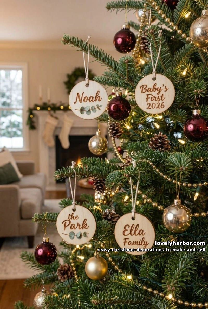 wood-burned personalized name ornaments 1
