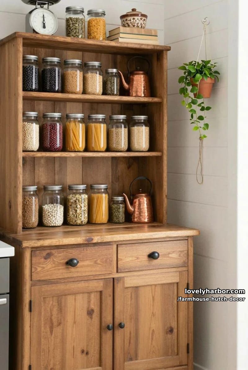 22 Farmhouse Hutch Decor Inspirations to Elevate Your Space 19 wooden hutch with pantry jars, vintage scale, copper kettle, and hanging plant. 1
