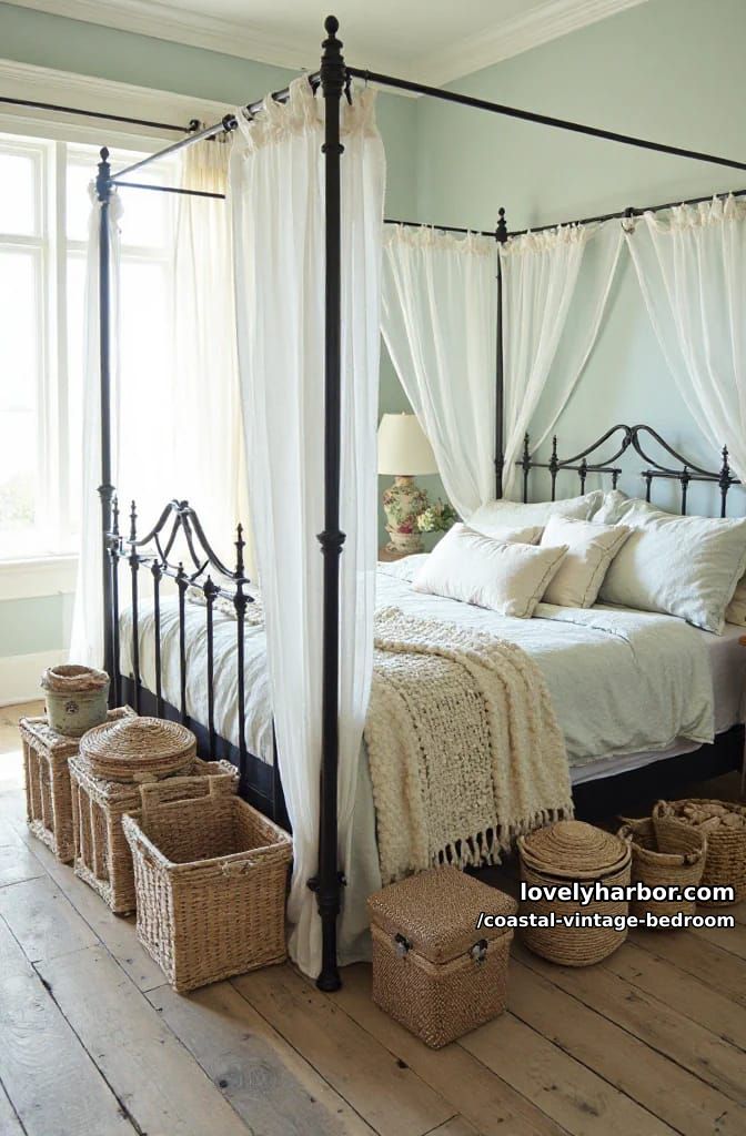 15 Coastal Vintage Bedrooms to Inspire Your Retreat 7 woven baskets for storage beside an iron canopy bed draped in gauze 1