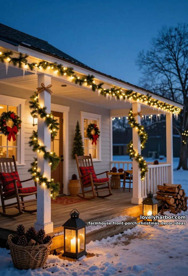 Farmhouse Front Porch Christmas Decor Ideas That Read Warm, Not Staged 23 wrap the posts, then add warm light low and high 1